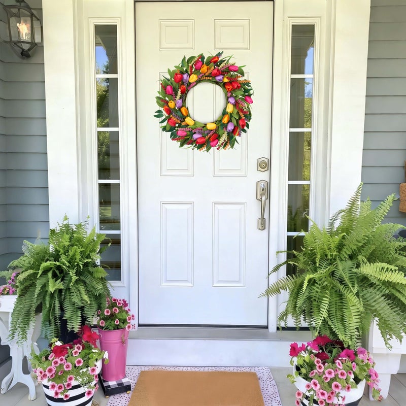 MAINGKAUNG Spring Wreath 22 Inch Artificial Summer Wreaths Tulip Wreath for Front Door with Yellow Tulip Eucalyptus Leaves purple Lavender for Mother's Day Indoor Wall Festival Farmhouse Wedding Decor - Image 4