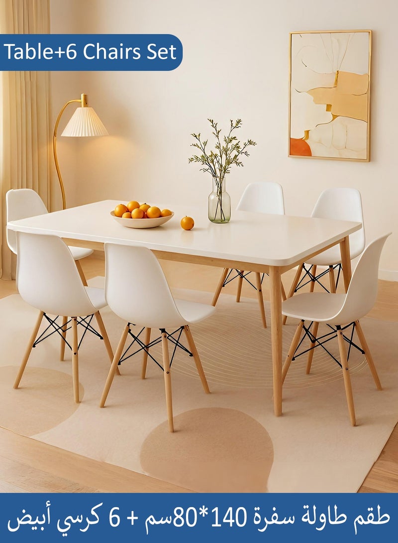 Taimi 7-Piece Dining Set, Modern Rectangular Dining Table with 6 Elegant Chairs | Solid White Wood Table 140x80x75cm with 6 White Plastic Chairs and Wooden Legs - Image 1