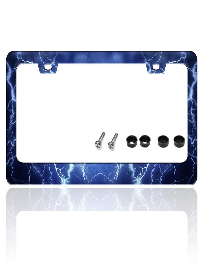 TINALUIN Blue Lightning License Plate Frame Funny Thunder License Plate Holder for Front and Rear Car Tags Reusable Durable Stainless Steel Car Decoration with Screws 6.3 X 12.2 Inch for Men Women - Image 1