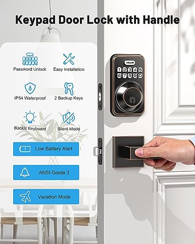 Zowill Keyless Entry Door Lock with 2 Lever Handles, Electronic Keypad Deadbolt, Auto-Locking, Anti-Peeping Password, Digital Code Door Lock, Front Door Handle Sets, OilRubbed Bronze - Image 5