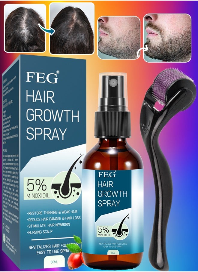 FEG بخاخ نمو الشعر 60 مل مع ديرما رولر بخاخ زيت نمو الشعر مينوكسيديل 5% للشعر الجاف التالف ونمو الشعر زيت فروة الرأس زيت نقي وطبيعي عالي الجودة زيت علاج تساقط الشعر بخاخ نمو اللحية  - Image 1