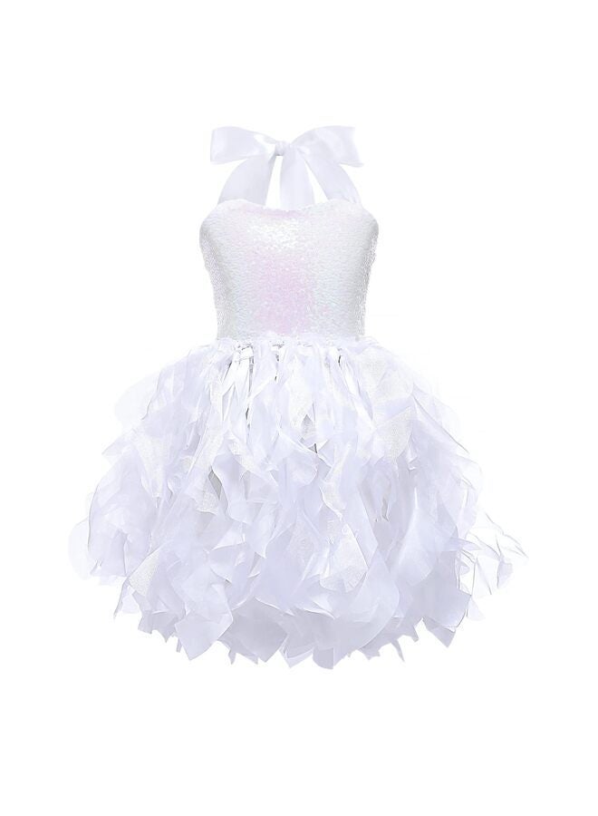 LAMAY Dress for Girls Sparkly Sequin Tulle Princess Birthday Party Prom Outfit Toddler Girls Sneaker Ball Gown Dress (White, 110) - Image 3
