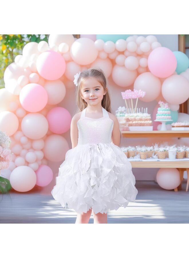 LAMAY Dress for Girls Sparkly Sequin Tulle Princess Birthday Party Prom Outfit Toddler Girls Sneaker Ball Gown Dress (White, 110) - Image 4
