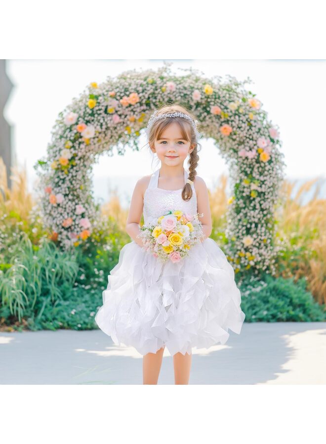LAMAY Dress for Girls Sparkly Sequin Tulle Princess Birthday Party Prom Outfit Toddler Girls Sneaker Ball Gown Dress (White, 110) - Image 5