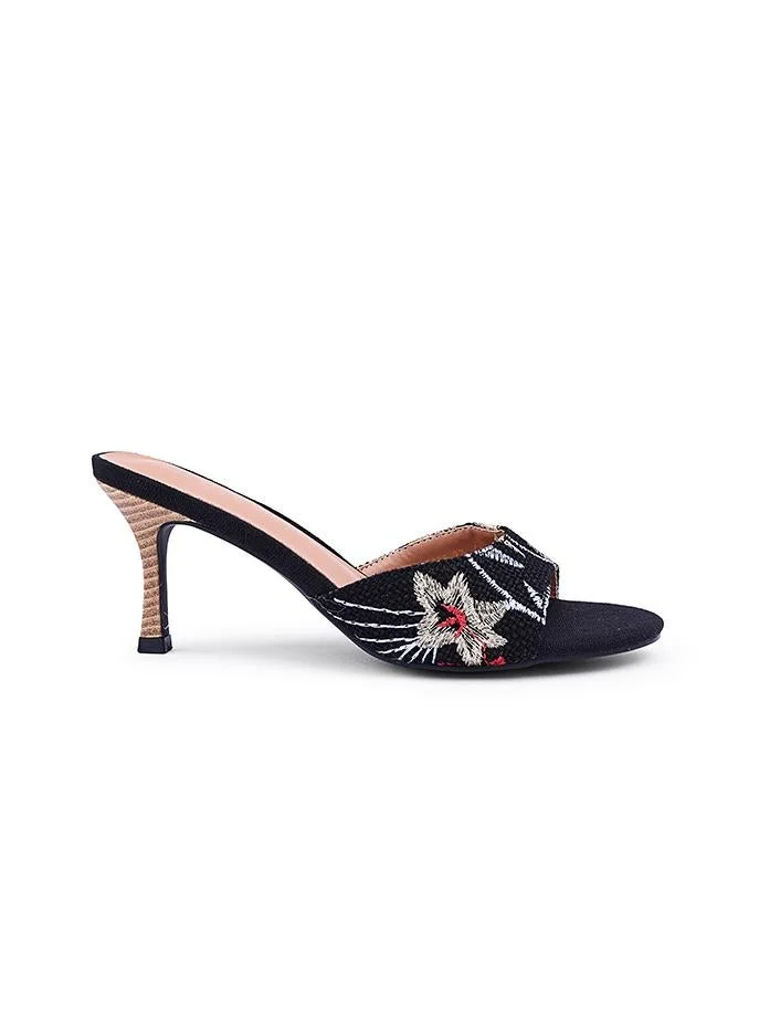 Embroidered Open-Toe Mule Heels