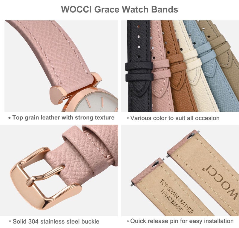 WOCCI 18mm Grace Watch Band for Ladies, Top Grain Leather, Quick Release Replacement Strap with Rose Gold Buckle (Retro Pink) - Image 4