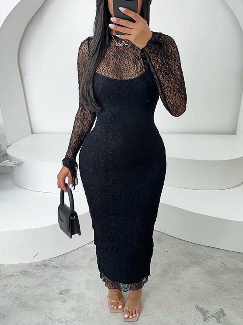 Uni Clau Women's Lace Dresses 2 Piece Set Elegant Bodycon Dress Wedding Guest Cocktail Birthday Party Dress Black - Image 4