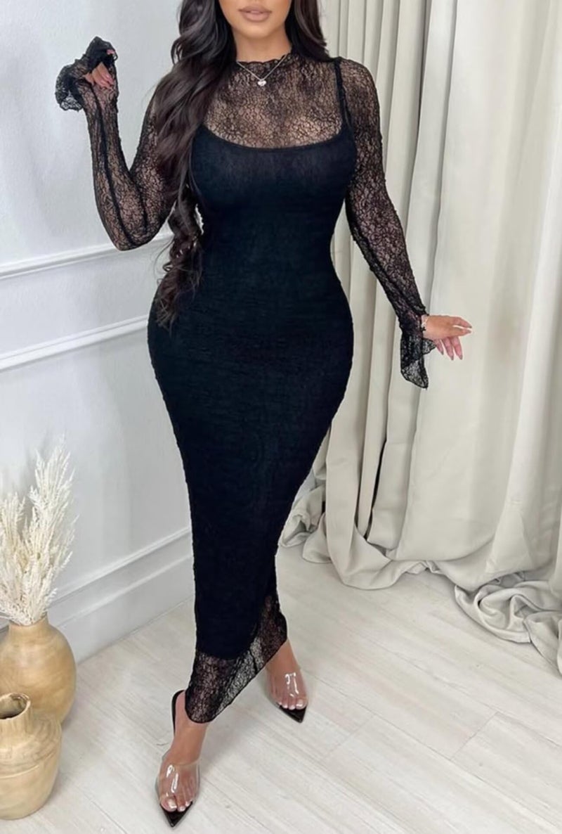 Uni Clau Women's Lace Dresses 2 Piece Set Elegant Bodycon Dress Wedding Guest Cocktail Birthday Party Dress Black - Image 5