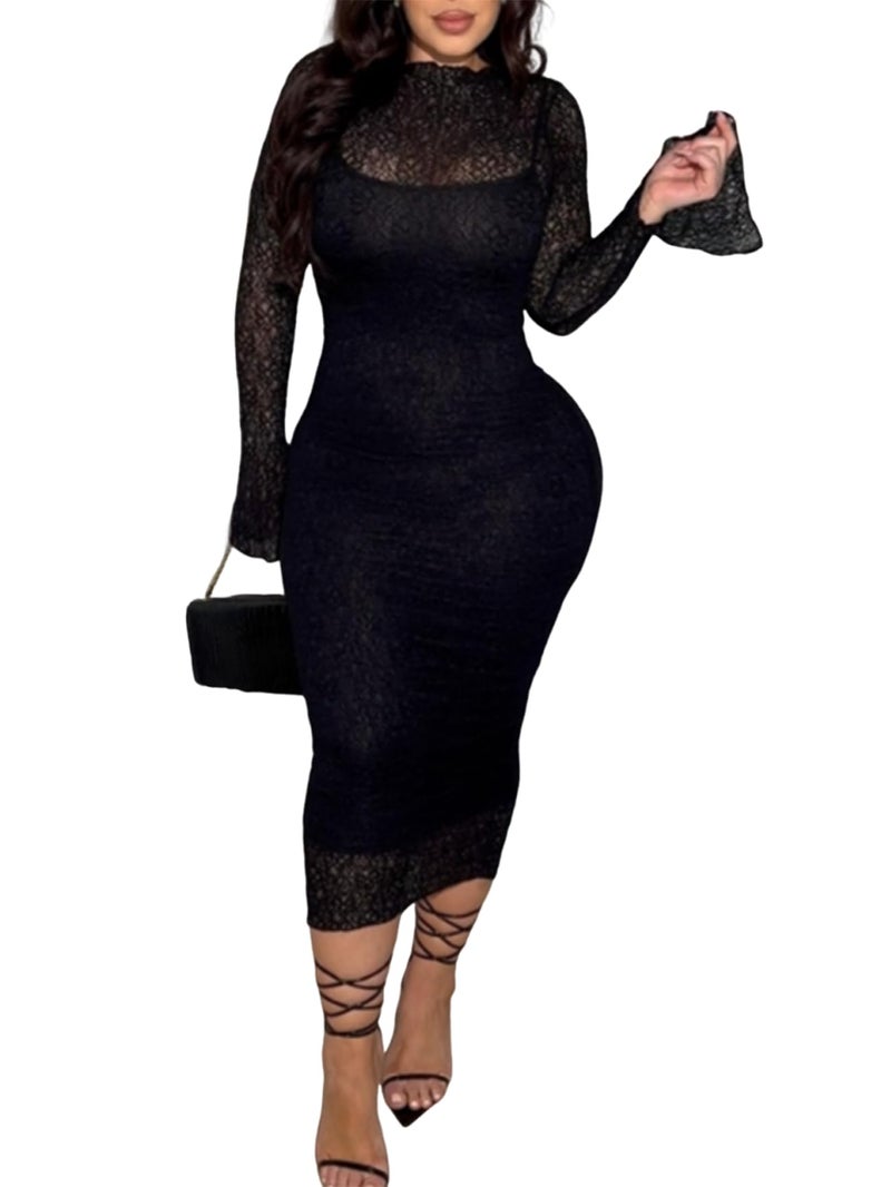 Uni Clau Women's Lace Dresses 2 Piece Set Elegant Bodycon Dress Wedding Guest Cocktail Birthday Party Dress Black - Image 1
