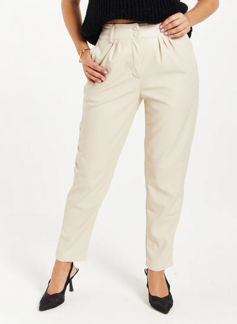 Liquorish Tapered Leather Look Trousers in Cream