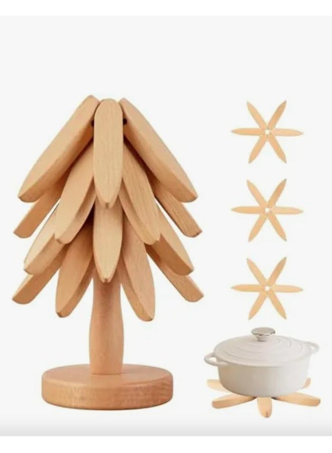 إيباسكت قواعد خشبية قابلة للطي للمطبخ  للأطباق الساخنة، طقم قواعد على شكل شجرة عيد الميلاد، قواعد أكواب لأباريق الشاي والأواني الساخنة - Image 1
