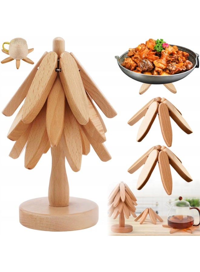 إيباسكت قواعد خشبية قابلة للطي للمطبخ  للأطباق الساخنة، طقم قواعد على شكل شجرة عيد الميلاد، قواعد أكواب لأباريق الشاي والأواني الساخنة - Image 4