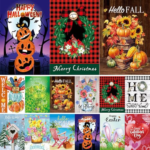 CDLong Seasonal Garden Flags Set of 12-Double Sided 12 x 18 Inch Outside Yard Flags, Small Flags for Outside, Holiday Garden Flags for All Seasons, Fall Winter Halloween Christmas Outdoor Flags - Image 1