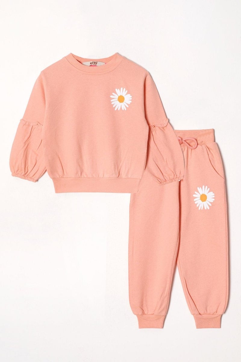 Zepkids Crew Neck Long Sleeve Flower Patterned Salmon Color Girl Tracksuit Set  - Image 1