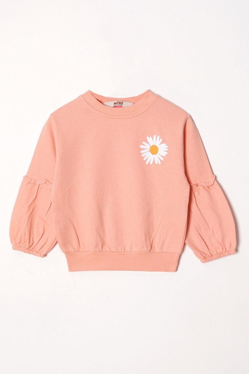 Zepkids Crew Neck Long Sleeve Flower Patterned Salmon Color Girl Tracksuit Set  - Image 2