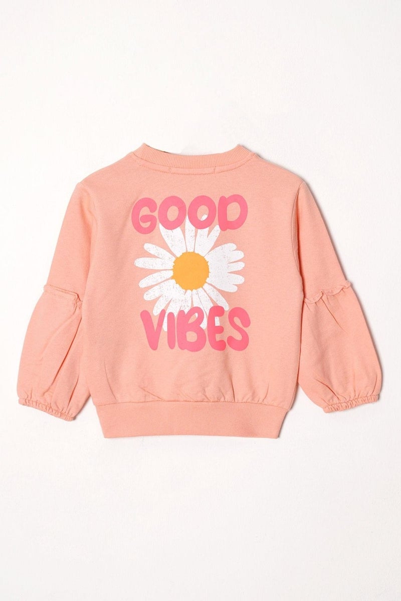 Zepkids Crew Neck Long Sleeve Flower Patterned Salmon Color Girl Tracksuit Set  - Image 3