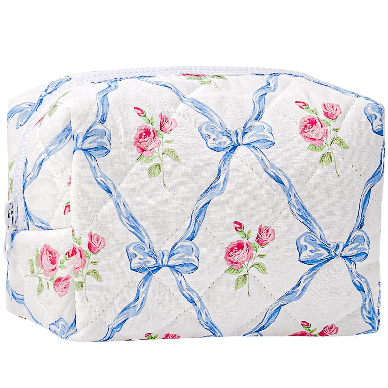 Sminra Makeup Bag Small Travel Quilted Cosmetic Bag Organizer Floral Checkered Cotton Coquette Aesthetic Portable Pouch Purse Toiletry Bag for Women Girls accessories Blue bows - Image 2
