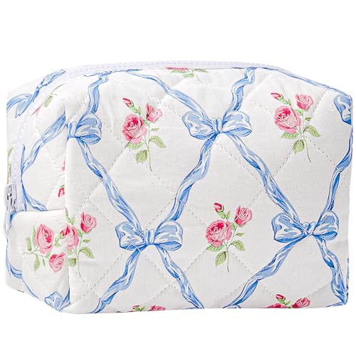 Sminra Makeup Bag Small Travel Quilted Cosmetic Bag Organizer Floral Checkered Cotton Coquette Aesthetic Portable Pouch Purse Toiletry Bag for Women Girls accessories Blue bows - Image 1