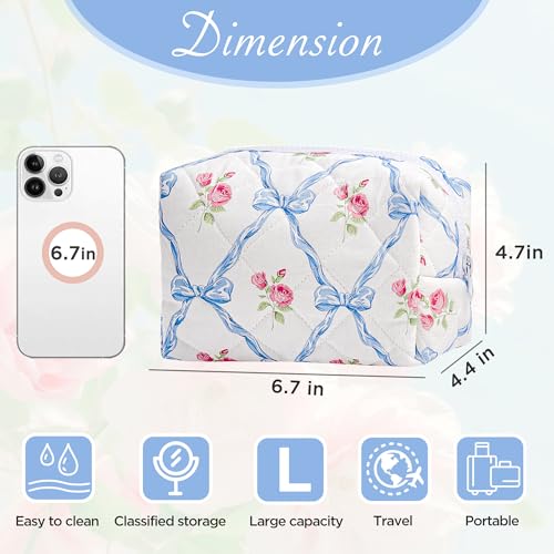 Sminra Makeup Bag Small Travel Quilted Cosmetic Bag Organizer Floral Checkered Cotton Coquette Aesthetic Portable Pouch Purse Toiletry Bag for Women Girls accessories Blue bows - Image 3