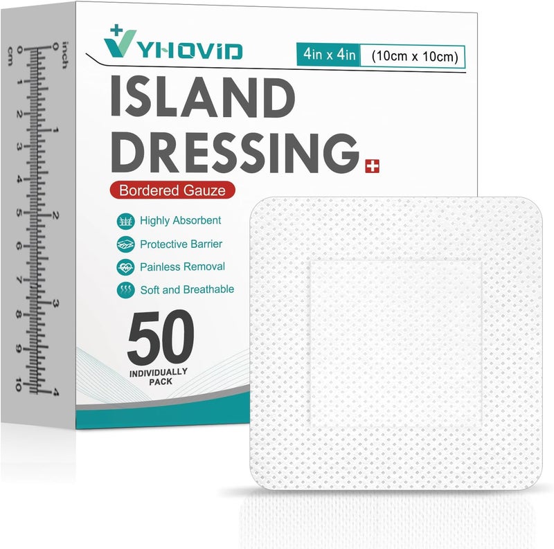 YHOVID 50 Count Island Dressing Bordered Gauze 4X4 Gauze Pads Individually Wrapped NonStick Pad in Center with Adhesive Border Bandages for Wounds First Aid - Image 1