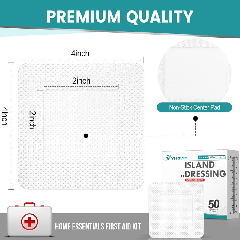 YHOVID 50 Count Island Dressing Bordered Gauze 4X4 Gauze Pads Individually Wrapped NonStick Pad in Center with Adhesive Border Bandages for Wounds First Aid - Image 2
