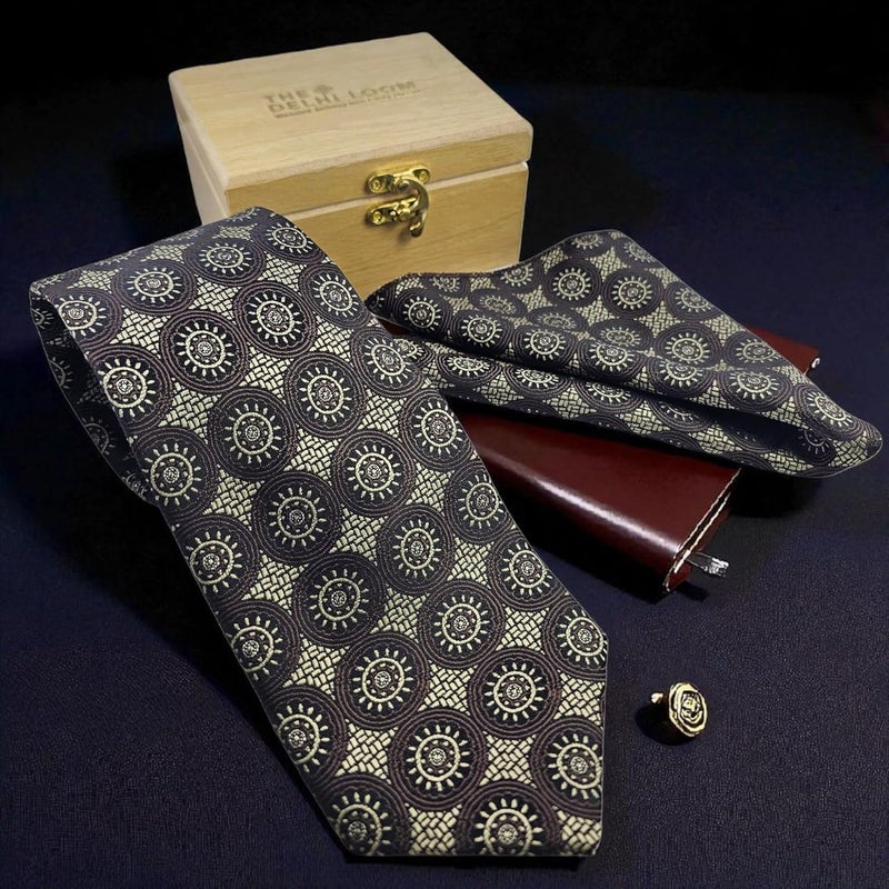 THE DELHI LOOM Store Medallion Pattern Collection - Men's Micro Silk Tie & Pocket Square Gift Set - Vintage Medallion Pattern Neckties in Wooden Box for Business, Weddings & Formal Events - Image 3