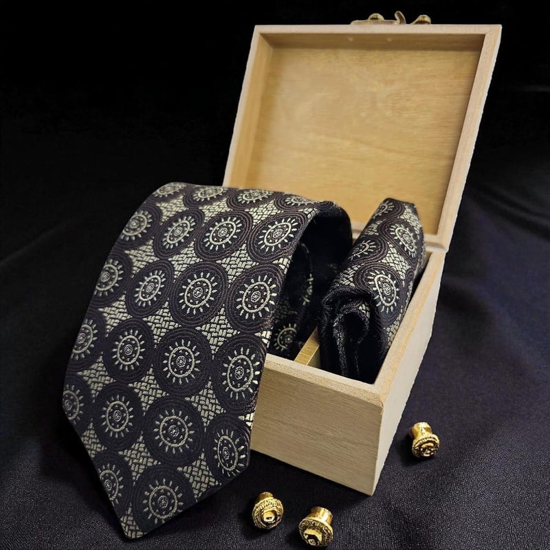 THE DELHI LOOM Store Medallion Pattern Collection - Men's Micro Silk Tie & Pocket Square Gift Set - Vintage Medallion Pattern Neckties in Wooden Box for Business, Weddings & Formal Events - Image 5
