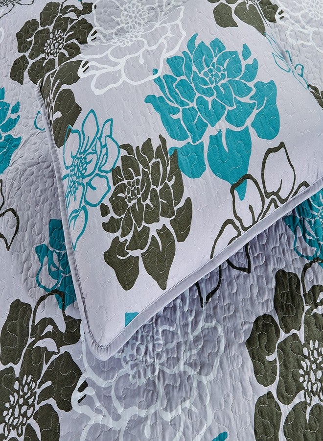 Masterplay 3-Piece Fine Printed Oversize (118" X 95") Quilt Set, Bedspread Coverlet King Size Bed Cover (Grey with Black, Turquoise Blue Floral) - Image 4
