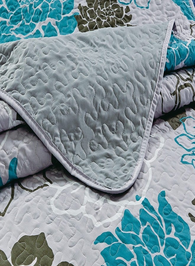 Masterplay 3-Piece Fine Printed Oversize (118" X 95") Quilt Set, Bedspread Coverlet King Size Bed Cover (Grey with Black, Turquoise Blue Floral) - Image 5