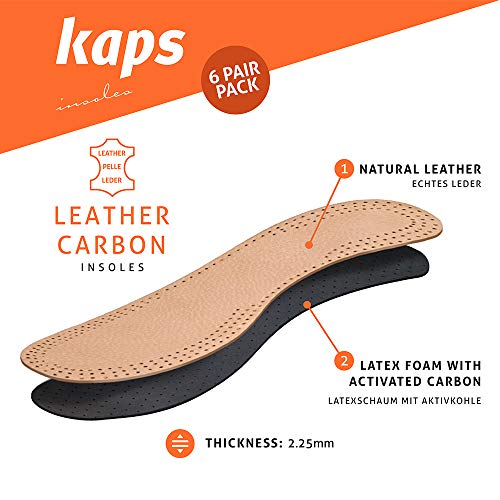 Kaps Leather Carbon Set 6 Pair Pack Leather Shoe Insoles for Men and Women with Activated Carbon Underlayer Replacement Inserts 8 US Women - Image 3