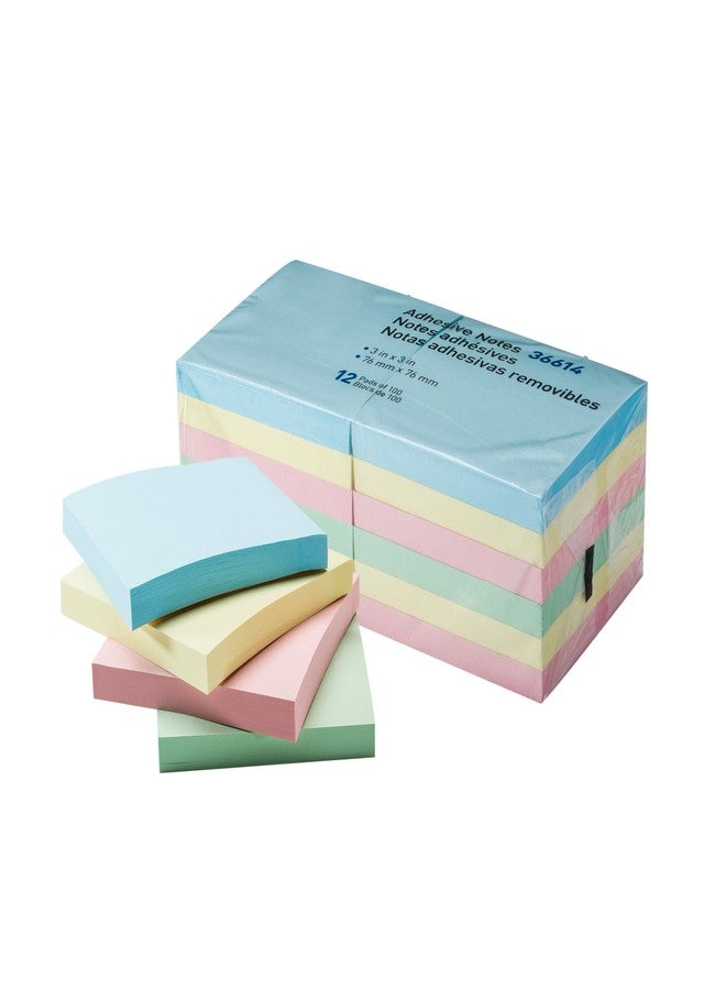 Klingy Sticky Notes Self-Stick Notes - 12 Pads/Pack 100 Sheets/Pad - 3 in x 3 inches - Adhesive Notes - Assorted, (Pastel) - Image 2