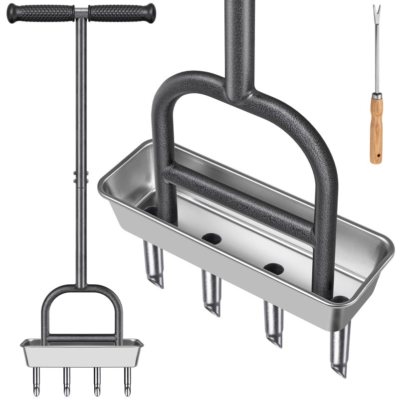 Dolibest Lawn Coring Aerator Manual Lawn Aerator4 Stainless Steel Corer Plug Aerator with Soil Core Storage Tray PreAssembled Manual Grass Aerating Tool Clean Hand Tool Improving Lawn Health - Image 2