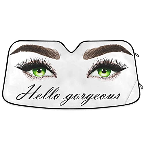 Oarencol Hello Gorgeous Car Windshield Sun Shade Women Green Eyes Eyelashes Makeup Foldable UV Ray Sun Visor Protector Sunshade to Keep Your Vehicle Cool 55 x 276 - Image 1
