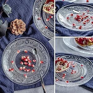 KONSSEE 6 Pack Glass Salad Plates 7 Inches Glass Fruit Dessert Plates Clear Glass Appetizer Dinnerware Set with Beautiful Carved Pattern Dishwasher Safe - Image 2