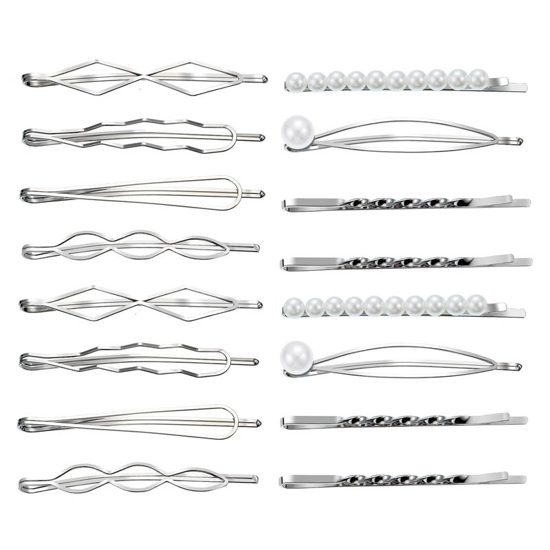 SUMAJU 16 Pieces Geometric Metal Hair Pins, Silver Hair Pins Pearls Hair Clips Hair Barrettes Metal Bobby Pins for Woman Girls - Image 1