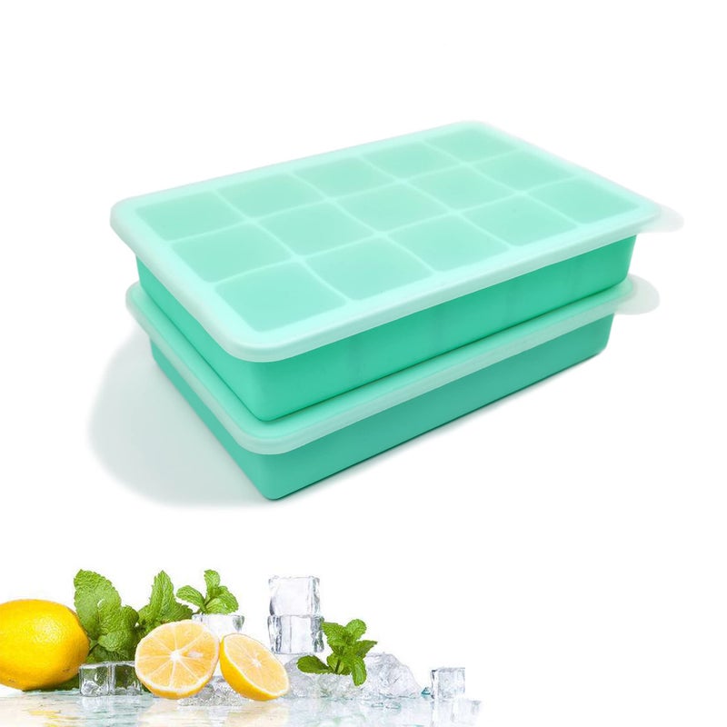 DCCPAA 2 Pack Silicone Ice Cube Trays, Easy Release Flexible-15 Cubes Ice Cube Molds,Silicone Ice Cube Molds with Removable Lids for Cocktail, Whiskey, Baby Food, Chocolate-Reusable (Mint Green) - Image 1