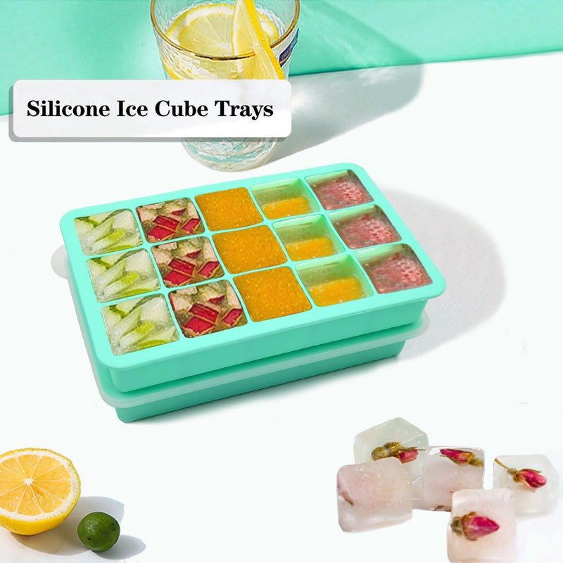 DCCPAA 2 Pack Silicone Ice Cube Trays, Easy Release Flexible-15 Cubes Ice Cube Molds,Silicone Ice Cube Molds with Removable Lids for Cocktail, Whiskey, Baby Food, Chocolate-Reusable (Mint Green) - Image 3