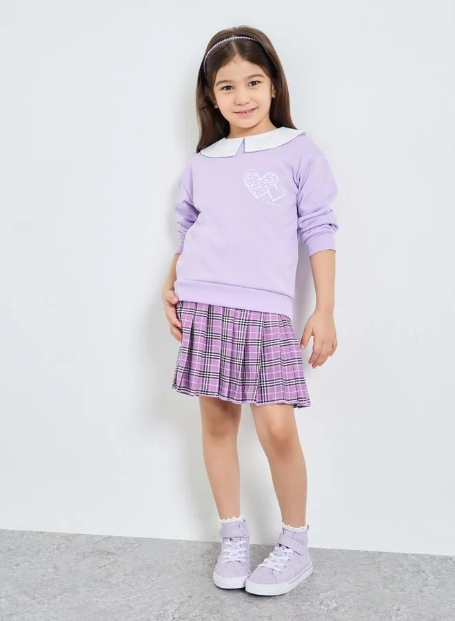 Styli Styli Girls Lilac Long Sleeve Top and Checked Skirt Set