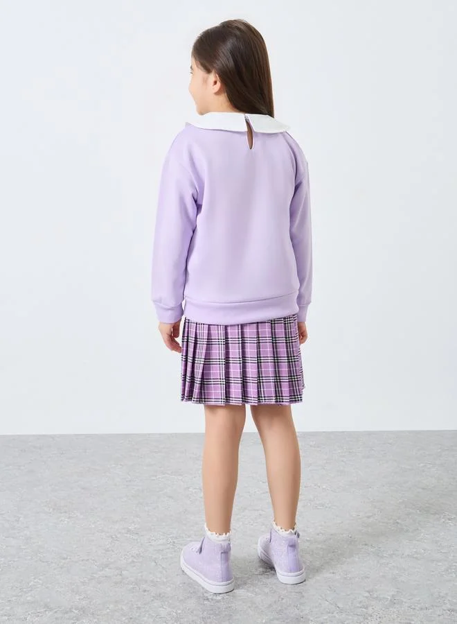 Styli Styli Girls Lilac Long Sleeve Top and Checked Skirt Set