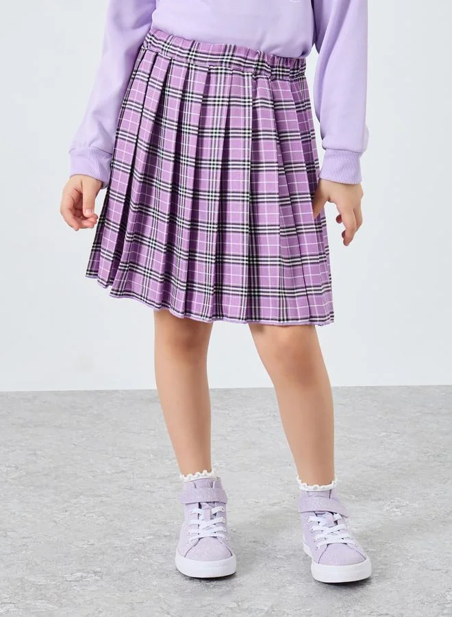 Styli Styli Girls Lilac Long Sleeve Top and Checked Skirt Set