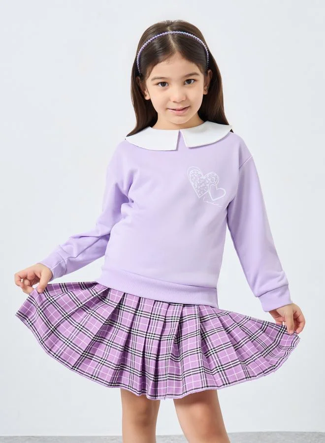 Styli Styli Girls Lilac Long Sleeve Top and Checked Skirt Set