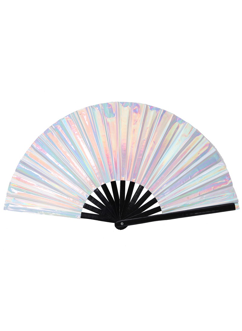 Gionforsy Gionforsy 1pcs Rave Folding Fan Foldable Hand Fans for Women Bamboo Large Holding Hand Fan with Bright Color Fabric Folding Fan for Festival1PCStyle4 Silver 