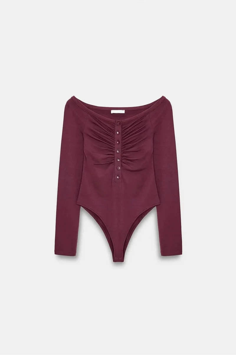 Dilvin Burgundy Red DILVIN Slim-fit Boat Neck Bodysuit Blouse for Women | Best Price UAE