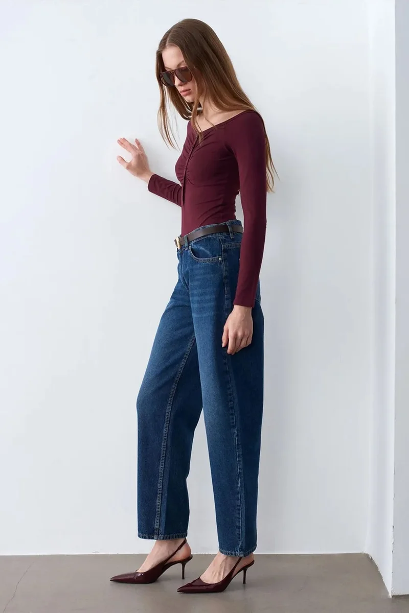 Dilvin Burgundy Red DILVIN Slim-fit Boat Neck Bodysuit Blouse for Women | Best Price UAE