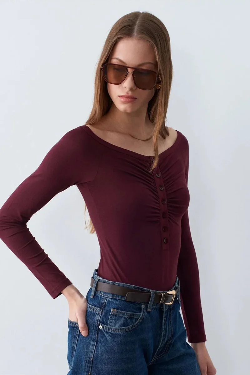 Dilvin Burgundy Red DILVIN Slim-fit Boat Neck Bodysuit Blouse for Women | Best Price UAE
