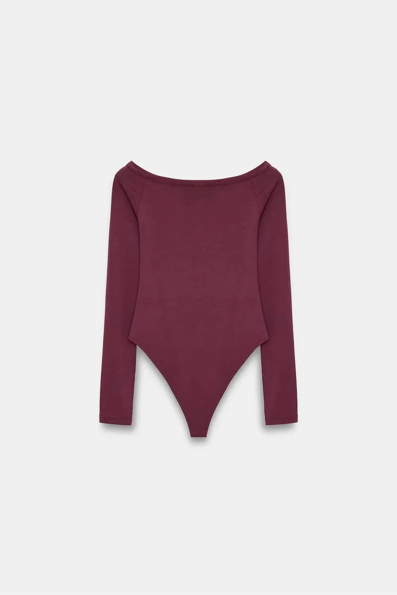 Dilvin Burgundy Red DILVIN Slim-fit Boat Neck Bodysuit Blouse for Women | Best Price UAE