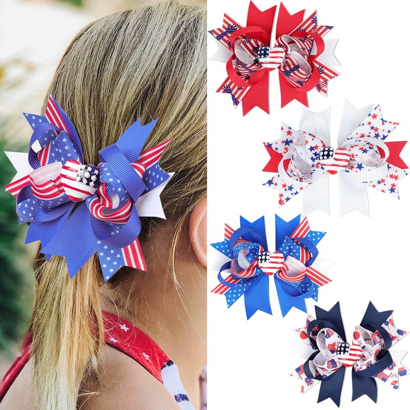 Doneace 4th of July Hair Clips White Blue Red Bows Clips Grosgrain Hair Barrettes Independence Day Headwear Boutique Hairpin Hair Accessories Alligator Clips Supplies Party Decorations for Girls Kids 4PCS