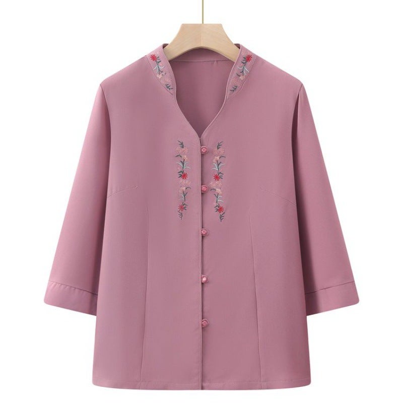 Summer Clothes for the Elderly Womens New Style Shirt Grandmas Shirt Seven-Sleeve Summer Clothes T-Shirt for Old Ladys Mothers Top Pink 