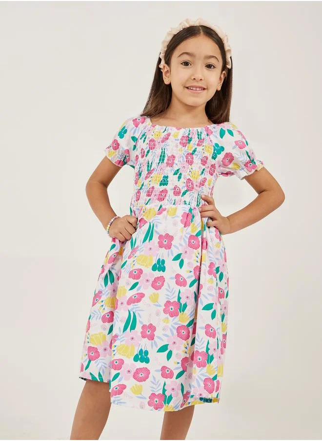 Styli Floral Print Smocked A-Line Dress