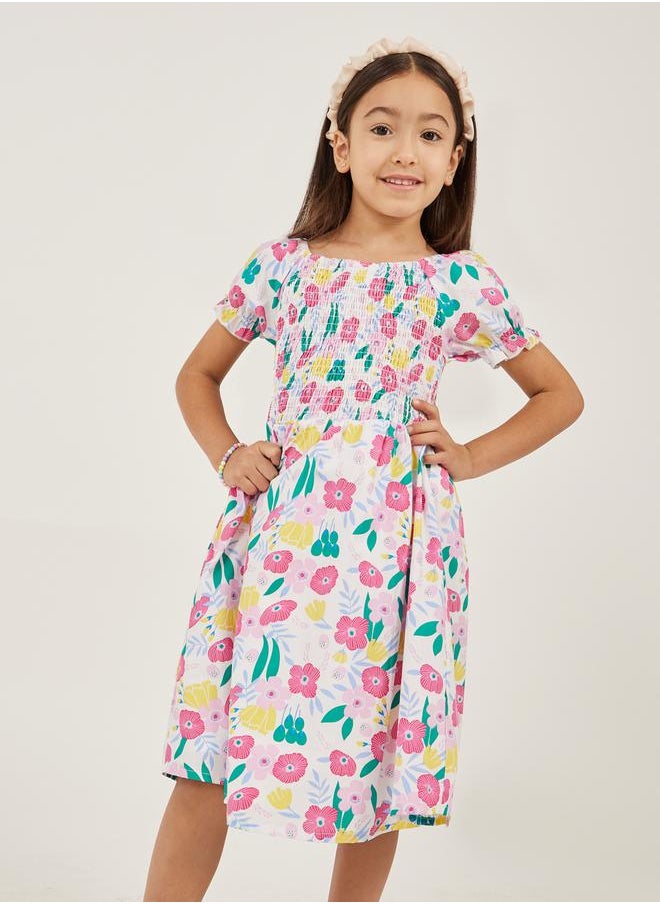 Styli Floral Print Smocked A-Line Dress  - Image 2